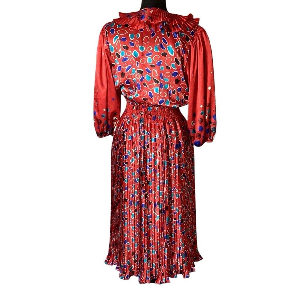 Vintage 80’s Diane Freis Original Ruffled Abstract Red Dress Puffed Sleeves - Picture 7 of 12
